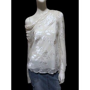 Y2K Adrianna Papell Silk Blend Top XL Burnout Cowl Neck Flutter Beaded Fairy